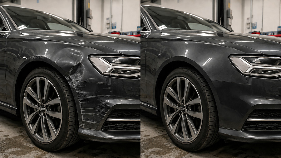 Before and after: on the left, the front wing and bumper of a dark grey Audi with a dent and deep scratches; on the right, the same area after repair and refinishing