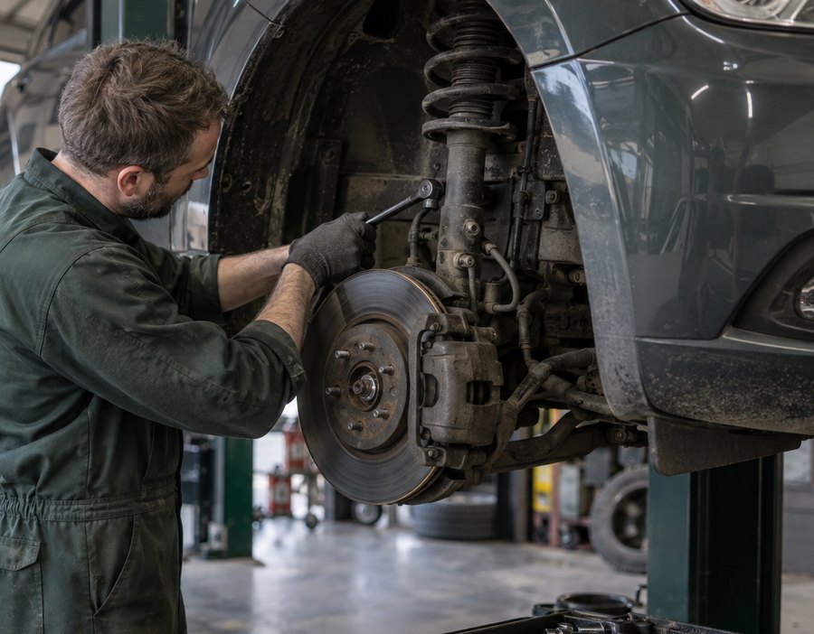 A technician working on a brake disc and caliper with the wheel removed