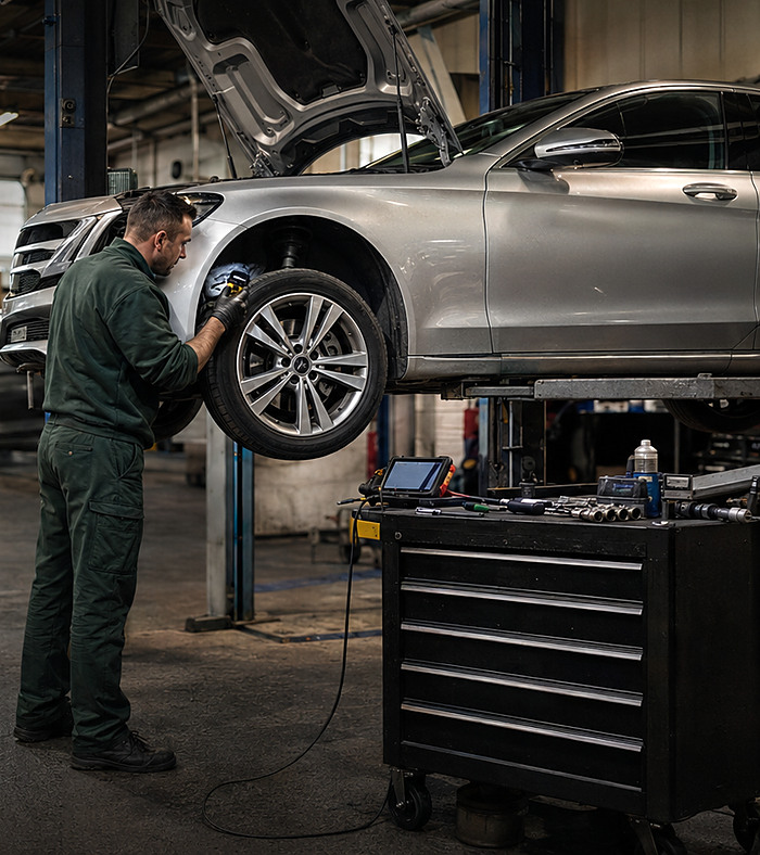 A technician working on a wheel of a car raised on a ramp inside a busy independent workshop
