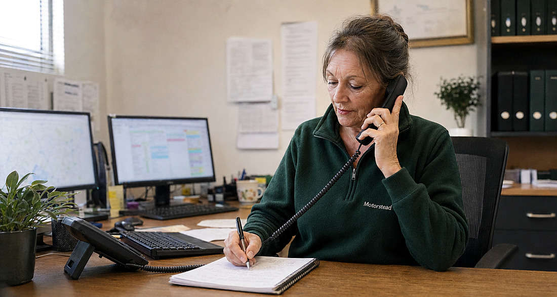 A Motorstead coordinator at the dispatch desk taking a call and writing down the details, with the area map on screen beside her