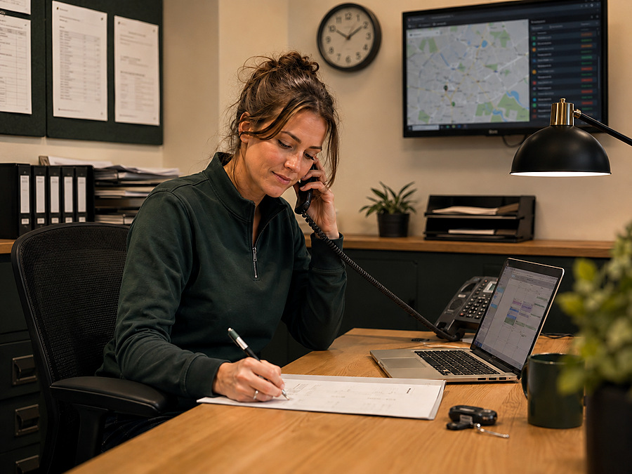 A coordinator in the Motorstead dispatch office answering the telephone and writing up a job, with the area map on screen behind